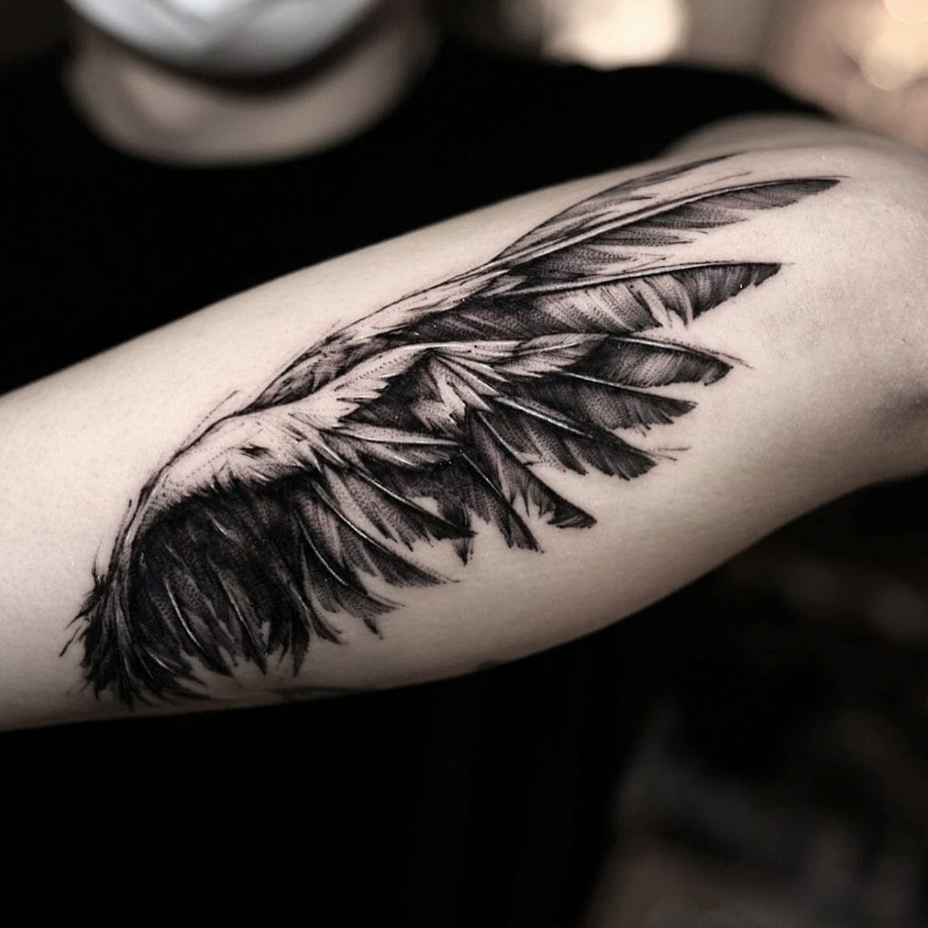 Bold Ruffled Wing Forearm Tattoo