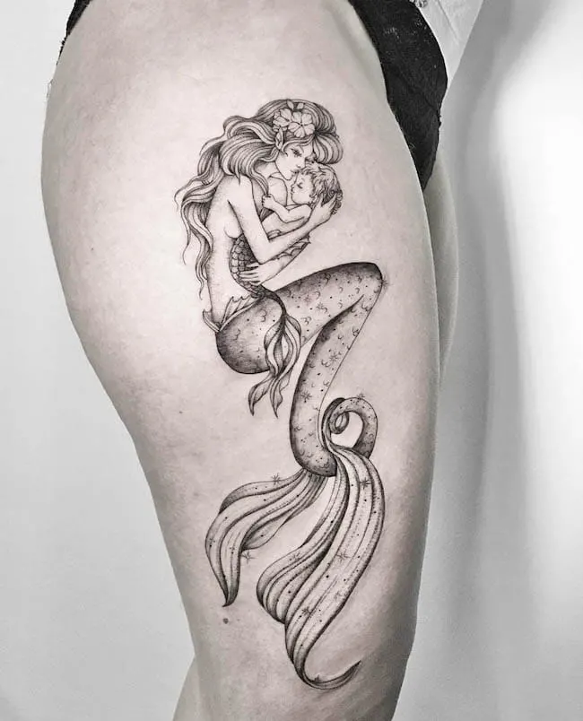 Mother and baby mermaid tattoo by @gessicatodero