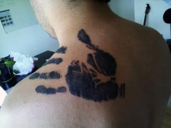 Mens Back Of Shoulder Father Son Tattoo With Hand Print