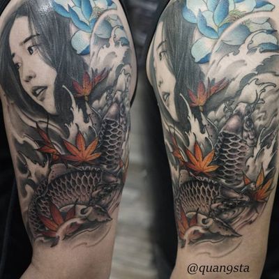 A realistic geisha above a pair of koi fish by Quang Sta (IG—quan9sta). #geisha #Irezumiinspired #koi #largescale #neoJapanese #QuangSta