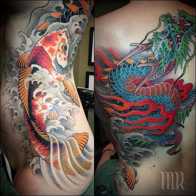 Dragon and koi by Mike Rubendall #MikeRubendall #color #japanese #koi #dragon #wave #flame #tattoooftheday
